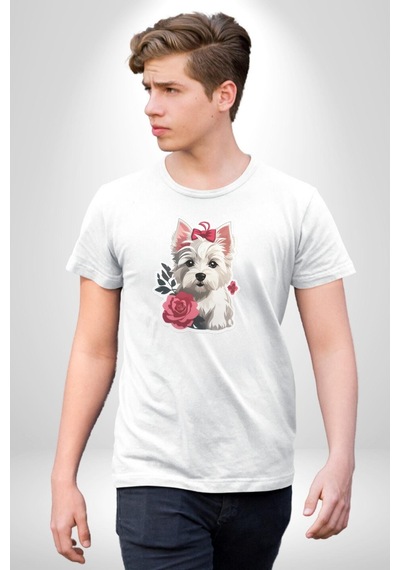 Beyaz Highland Teriyeri Kırmızı Gül Unisex Unisex Beyaz Organik Baskılı T-shirt Penye Yüksek Kalite Beyaz