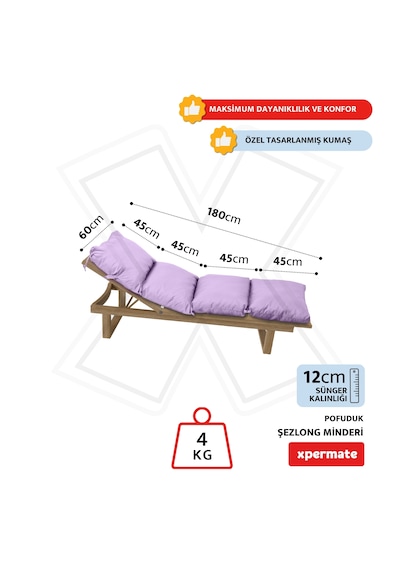 Xpermate Pofuduk Şezlong Minderi 60x180x12cm Su İtici, Lila