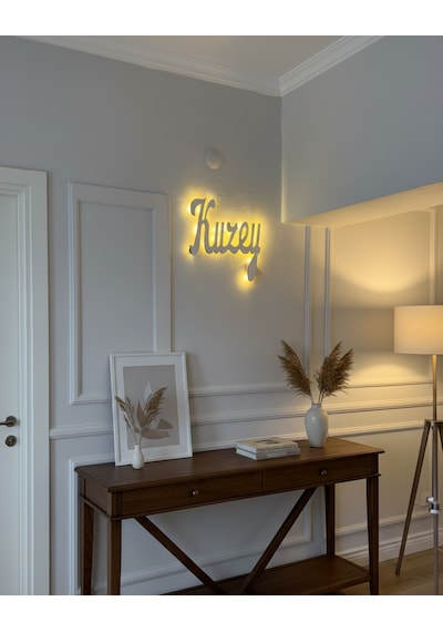 Duvar İsimliği Pilli Led Işıklı Ahşap İsim Tabelası 40x30 Cm