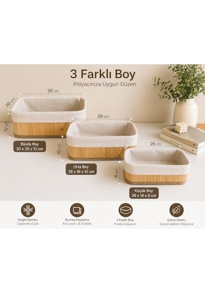 Bambu Organizer Sepet 3 Lü Set Kumaş Kaplı Dekoratif Saklama Kutusu, Çok Amaçlı Düzenleyici Banyo, Mutfak, Dolap Açık Ahşap