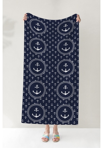 Çapa Marine Lacivert Plaj Havlu Örtüsu - Nautical Halat Motifli Hızlı Kuruyan Mikrofiber Havlu Örtü Çok Renkli