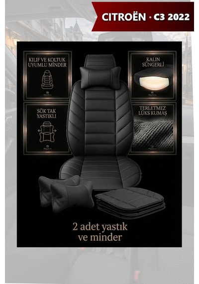 Citron C3 2022 Uyumlu Premium Siyah Renk Lüks 2 Adet Minder Ve Yastık
