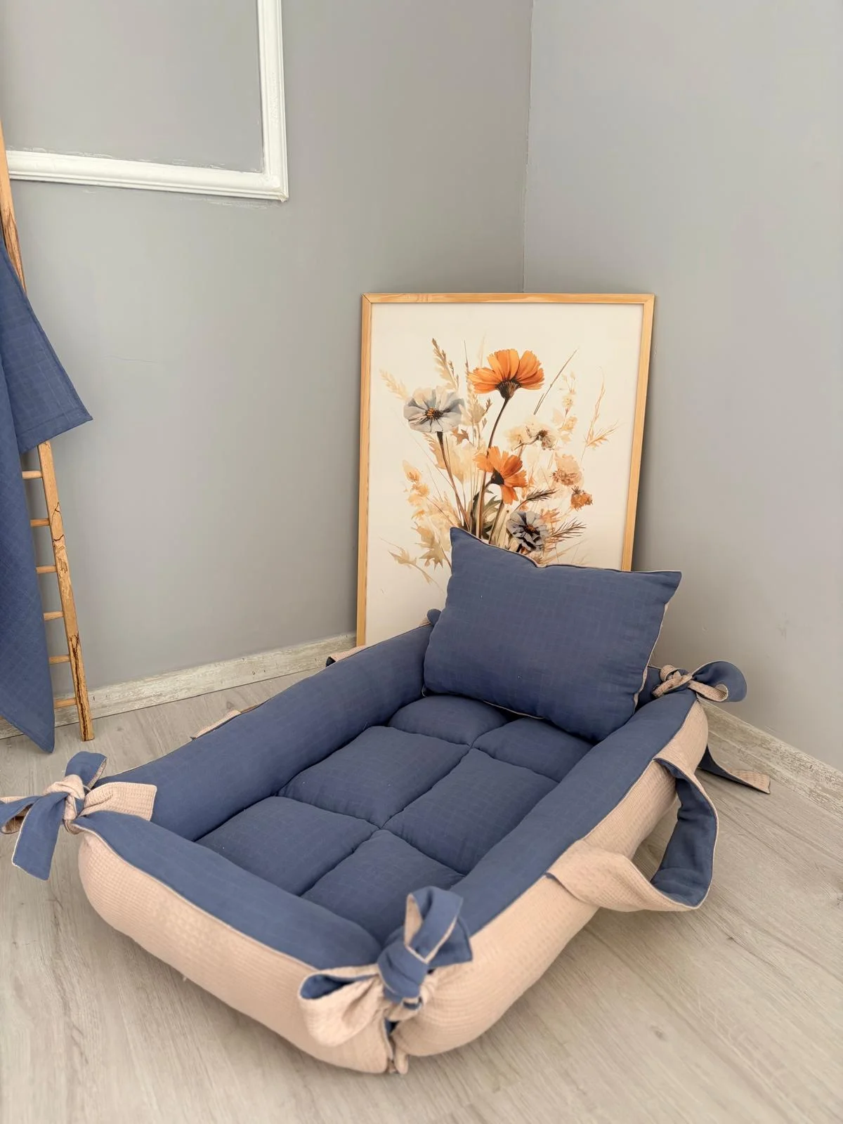 %100 Pamuk Çift Katlı Çift Kullanımlı Anne Yanı Yatağı İndigo Müslin Vizon Pike 40 x 90 x 10 CM