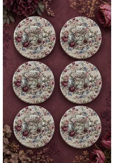 6 Lı Cam Çay Tabağı Vintage Gül Ve Kuş Kafesi Desenli 12 Cm 6 Adet Çay Tabak Bordo