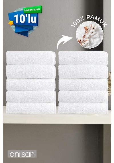 10'lu Beyaz El Havlusu - 50x90 Cm, 225 Gr, %100 Pamuk, Spa Ve Otel Havlusu, Günlük Kullanıma Uygun Beyaz