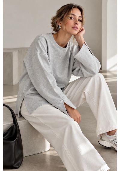 Bb Butik Basic Oversize Yırtmaç Detaylı Bisiklet Yaka Sweatshirt Zg3535 Gri