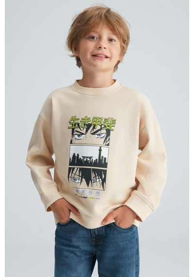 Grimelange REMCO Erkek Çocuk Nakışlı Yuvarlak Yaka Krem Sweatshirt