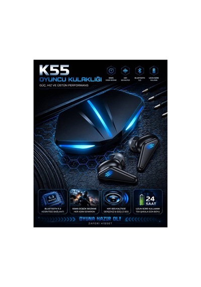 K55 Oyuncu Kulaklığı Bluetooth 5.4 Tws Kablosuz Kulaklık 65ms Düşük Gecikme Oyuncu Kulaklığı Hifi Stereo Ses Rgb Şarj Siyah - 936845714