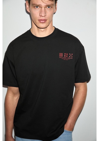 Grimelange Grımelange Antonıo Erkek Baskı Detaylı %100 Organik Pamuk 3 İplik Örme Oversize Siyah T-shirt