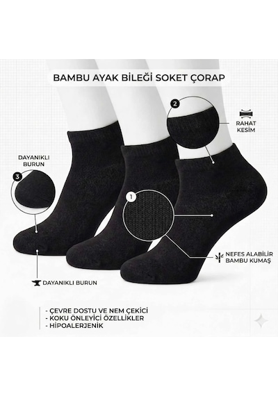 Çorap Giyim Kadın Bambu Patik Çorap 6 Lı Paket, Siyah Beyaz Gri, Nefes Alan Nem Emici Yumuşak Günlük Spor Bilek Çorabı