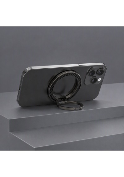 Zore Paris M162 Karbon Fiber Tasarımlı Magnetik Ring Standlı Telefon Tutucu Siyah