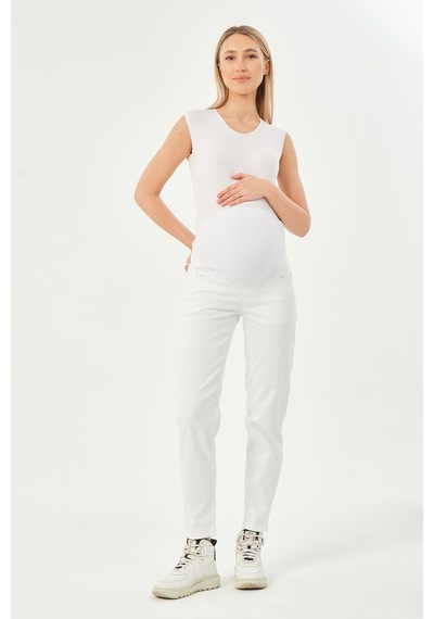 Busa Hamile Esnek Karın Bantlı Beli Ayarlanabilir Mom Fit Kot Pantolon Beyaz-beyaz