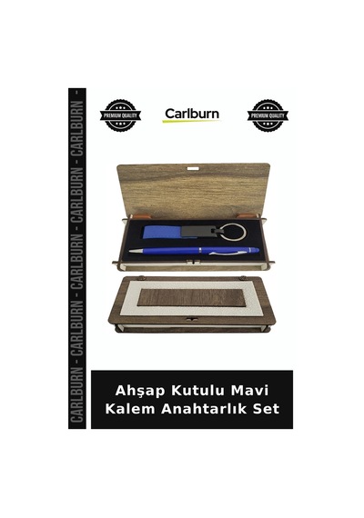Ahşap Kutulu Mavi Kalem Anahtarlık Set Plaket Kutlama Personel Diğer