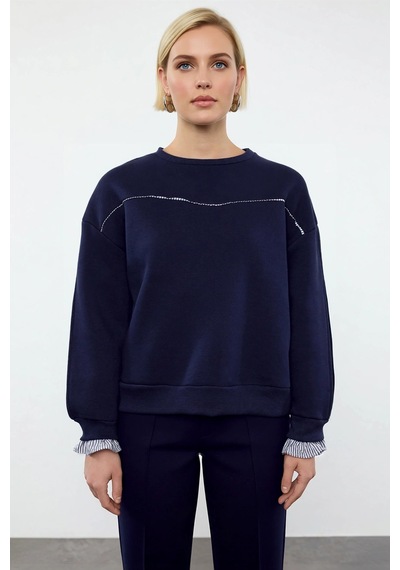 Benerly Kadın Bisiklet Yaka Düşük Kol Uzun Kollu Sweatshirt Fonksiyonel D Lacivert