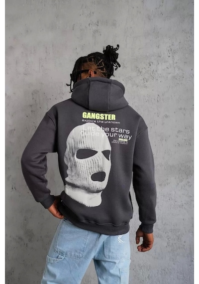 Erkek Kordonlu Maske Baskılı Kapşonlu Sweat - Gri Gri