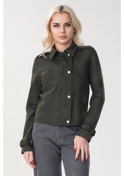 Bold & Young Kadın Viskon Polyester Likralı Kumaş Kol Ucu Toka Bantlı Kuş Gözü Aksesuarlı Çıt Çıtlı Cepli Ceket Haki