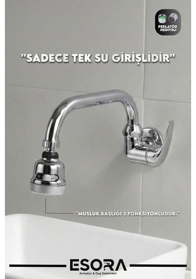 Duvardan Tek Su Girişli 3 Fonksiyonlu Oynar Başlıklı Lavabo Musluğu Krom