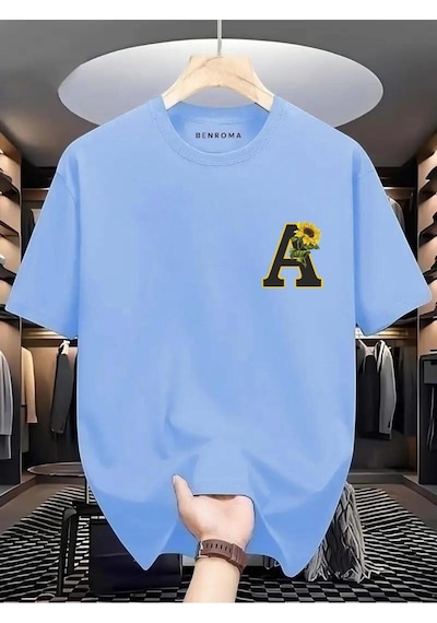 Çiçekli A Baskılı Oversize Tişört Bebe Mavisi