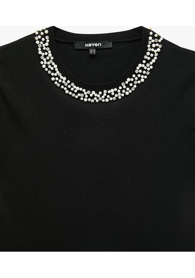 Koton Regular Fit Boncuklu Bisiklet Yaka Kısa Kollu Viskon Triko Kazak Siyah 7wak90135ht