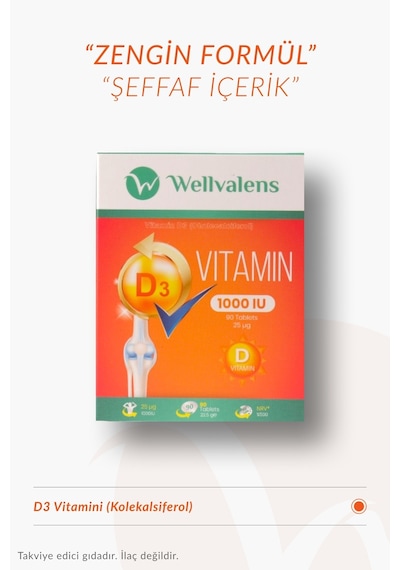 Wellvalens D3 Vitamini 1000 Iu Günlük D Vitamini Takviyesi 90 Tablet
