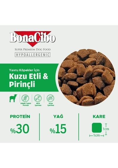 BonaCibo Puppy Kuzu Etli ve Pirinçli Yavru Köpek Maması 3 KG