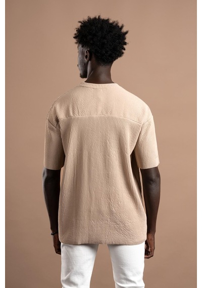 Oversize Bol Kesim Kalın Fitilli Bisiklet Yaka Kısa Kol T-shirt 001