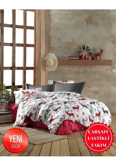 Geyik Desenli Yılbaşı Nevresim Takımı Beyaz 180x200 Beyaz