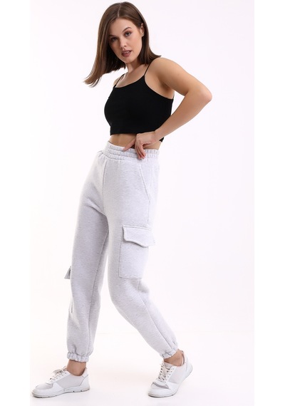Winmoda34 Kadın Jogger Kalın 3 İplik Yandan Cepli Kargo Eşofman Altı Griii