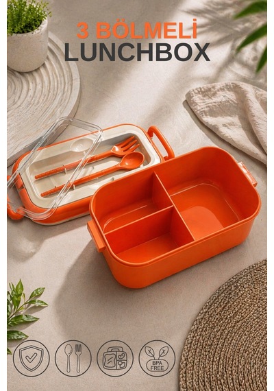 Lunchbox Kaşık & Çatal Dahil - Kilitli Kapaklı - Taşıma Saplı - 3 Bölmeli Turuncu