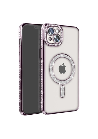 İphone 15 Kılıf Joke Simli Magneticsafe Kılıf - Derin Mor Çok Renkli