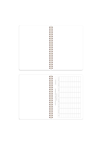 A5 Spiralli Karton Kapak 2 Li Set Düz Çizgisiz Okul Defteri 80 Yaprak, Ders Programlı Krem Fon Nakış