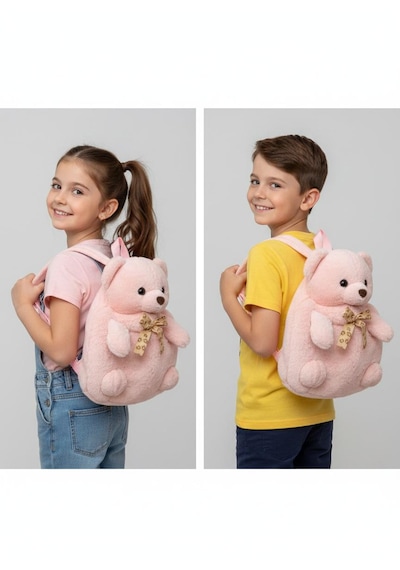 Sarı Çantalı Peluş Ayıcık 5 Renk Varyantlı Açık Pembe