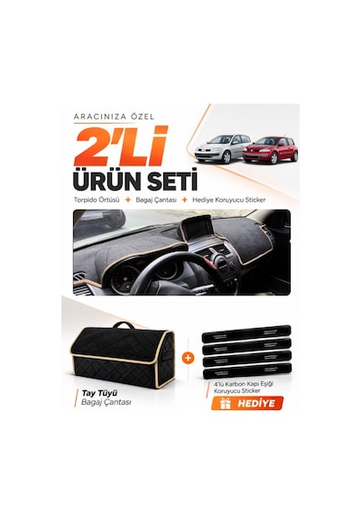 E-biz Renault Megane 2 Büyük Ekranlı 2002-2009 Uyumlu Torpido + Tay Tüyü Çanta - Siyah-bej - Re040