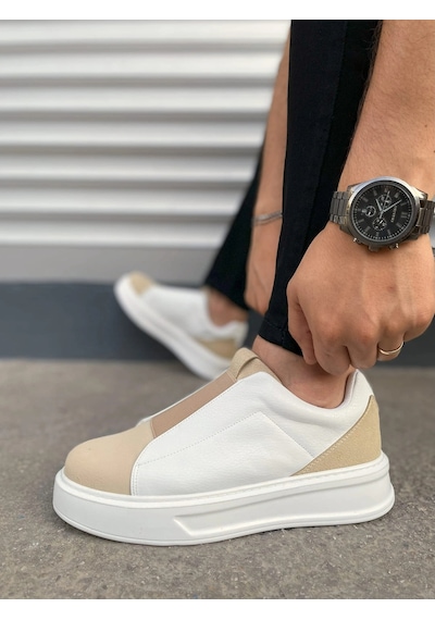 Mevese Torino Erkek Bağcıksız Cilt Günlük Sneaker Ayakkabı Ortopedik Kalın Taban Bej