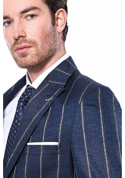 Wessi Çizgili Açık Slim Fit Lacivert Erkek Ceket Siyah