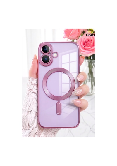 Fibaks iPhone 17 Uyumlu Kılıf Kamera Lens Korumalı Magsafe Şarj Kilifi Şeffaf Renkli Yumuşak Kapak Rose