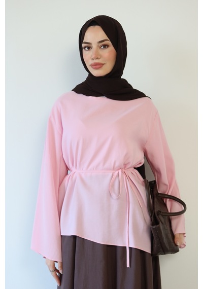 Moonsc Kadın Asimetrik Kesim Bel Bağlamalı Modal Tesettür Tunik Pembe