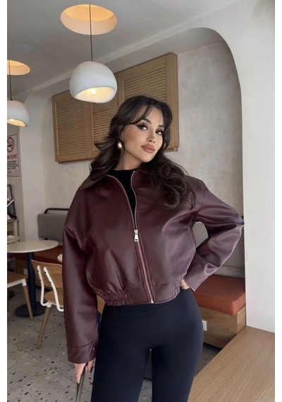 Meecy Kadın Deri Ceket Bordo Bordo