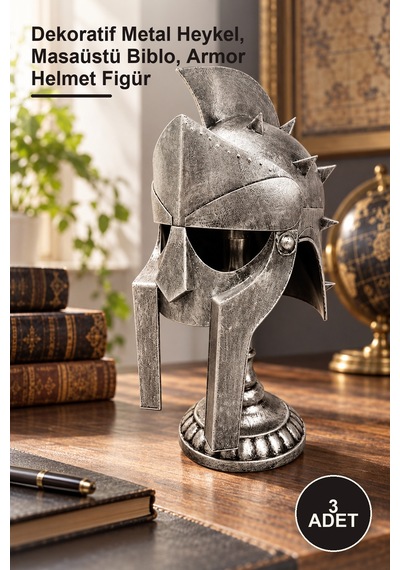 3 Adet Metal Şövalye Miğferi Biblosu Dekoratif Metal Heykel, Masaüstü Biblo, Armor Helmet Figür 1