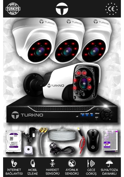Turkno 4 Kameralı Pania 3 İç Kamera Set 250 GB HDD Full HD Gece Görüşlü Güvenlik Kamerası Sistemi