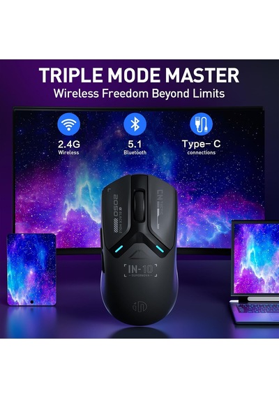 In10p Kablosuz Oyun Faresi, Üç Modlu 2.4g/usb-c Kablolu/bluetooth Pc Oyun Faresi, 60g Süper Işık, 26k Dpı, Paw3395 Optik Sensör, 8 Khz Yoklama Hızı, Tamamen Programlanabilir, Siyah