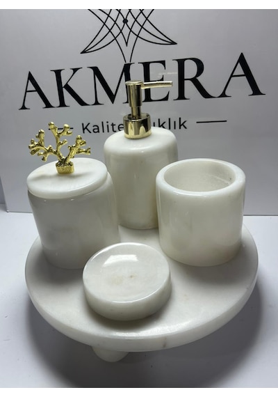 Mermer Top Ayaklı Standlı 5 Parça Lüks Banyo Seti Altın - Beyaz