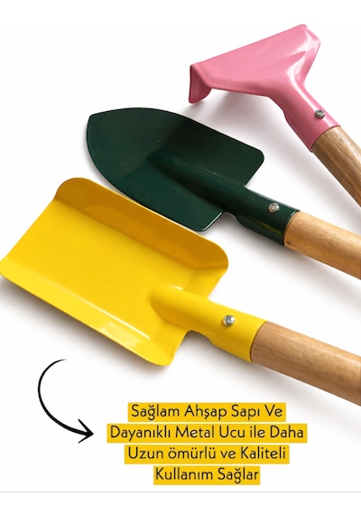 3 Parça Bahçe Plaj Oyuncak Seti Ahşap Saplı Kürek Tırmık Seti Pembe - Sarı