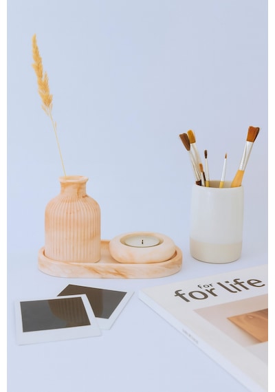 Seramik Vazo, Tealight Mumluk Ve Dekoratif Tepsi Seti - Beyaz Minimal Tasarım
