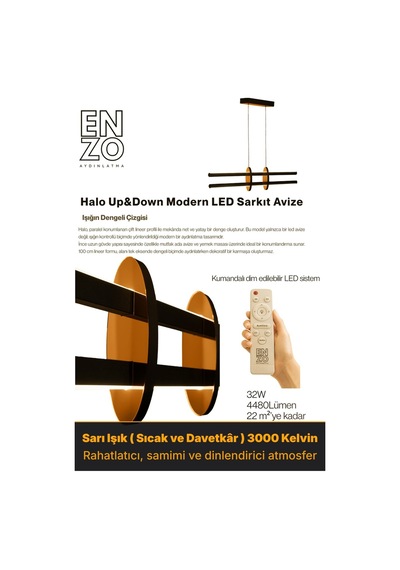 Halo Bronz Lineer Led Sarkıt Avize Kumandalı Dim Edilebilir Yukarı & Aşağı Işık Sarı Işık