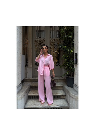 Meecy Kadın Tencel Kumaş Pantolon Gömlek Takım Pembe Pembe