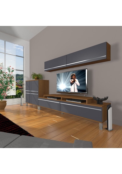 Decoraktiv Ekoflex 6y Mdf Krom Ayaklı Tv Ünitesi Tv Sehpası Ceviz - Antrasit
