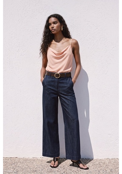 Sateen Askılı Degaje Yaka Bluz - Pudra-137668