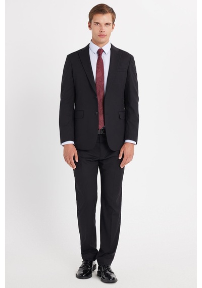Tudors Erkek Slim Fit Mono Yaka Likralı Esnek Kumaş Siyah Takım Elbise-33904 Siyah