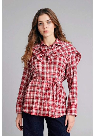 Defacto Regular Fit Kareli Gofre Dokulu Uzun Kollu Tunik G8348ax26sprd117 Kırmızı-rd117